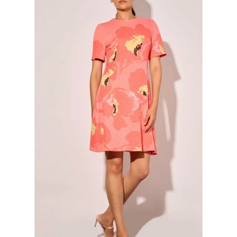 NEW Ming Wang Floral Jacquard Knit A Line Short Sleeve Dress‎ Peach Coral Size L
